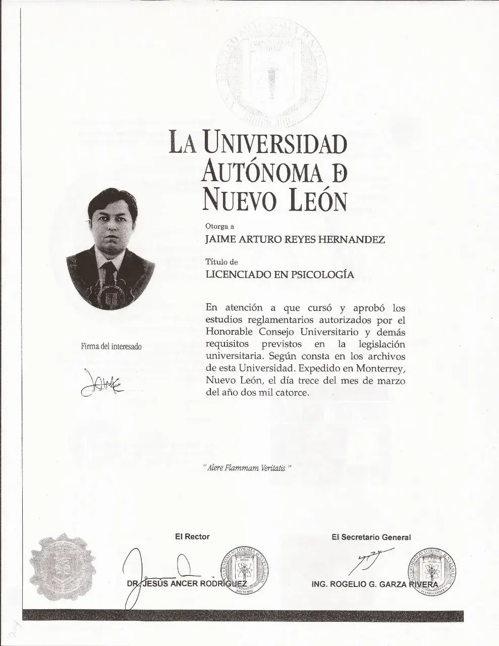 Diploma del Psicólogo Jaime Reyes