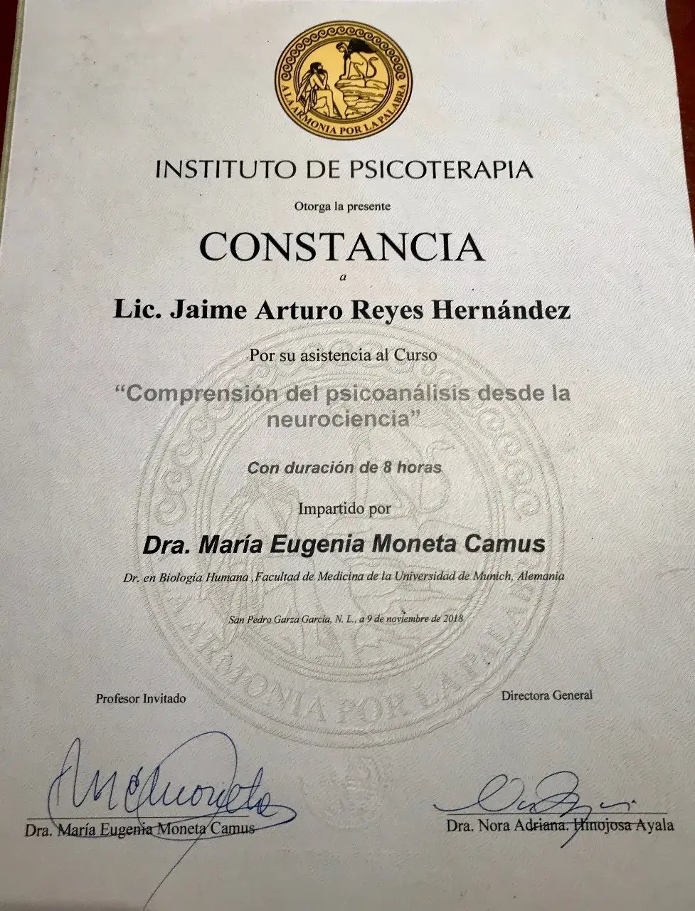 Diploma del Psicólogo Jaime Reyes