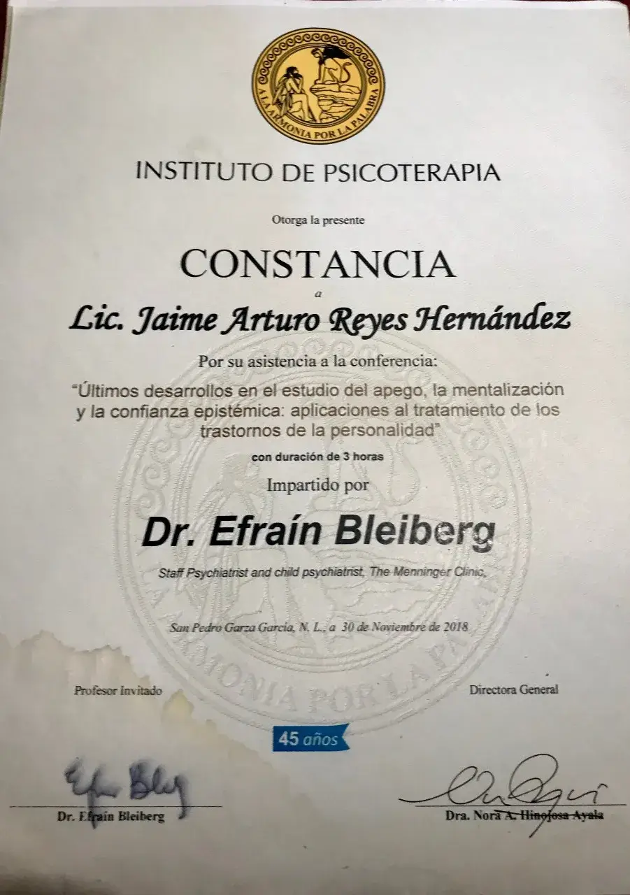 Diploma del Psicólogo Jaime Reyes